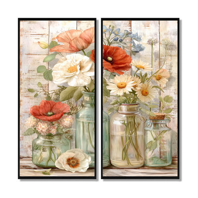 "Vintage Flower Arrangement Country House - Bouquets", art mural encadré, impression sur toile florale rouge 2 pièces