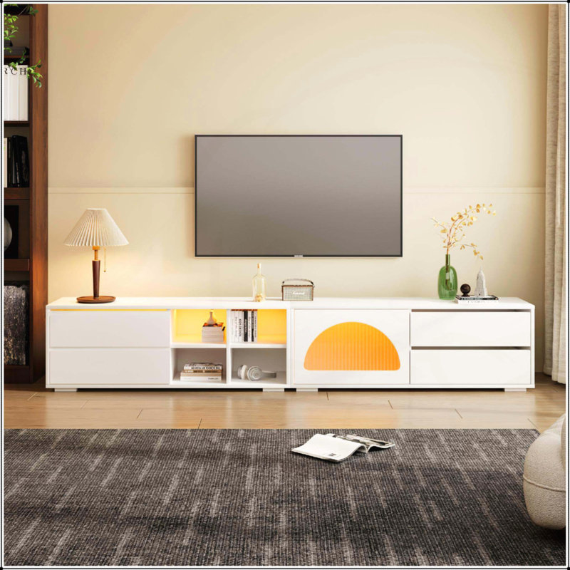 Meuble télé avec porte en verre cannelé pour téléviseur de 100 po ou moins, Blanc