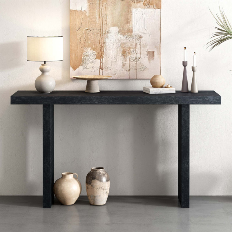 Console en placage de chêne de conception unique avec des formes latérales distinctives, convenant à un vestibule, un couloir, un salon, un vestibule, un couloir