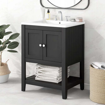 Meuble-lavabo de salle de bain avec lavabo en céramique, structure en bois massif et tablette ouverte