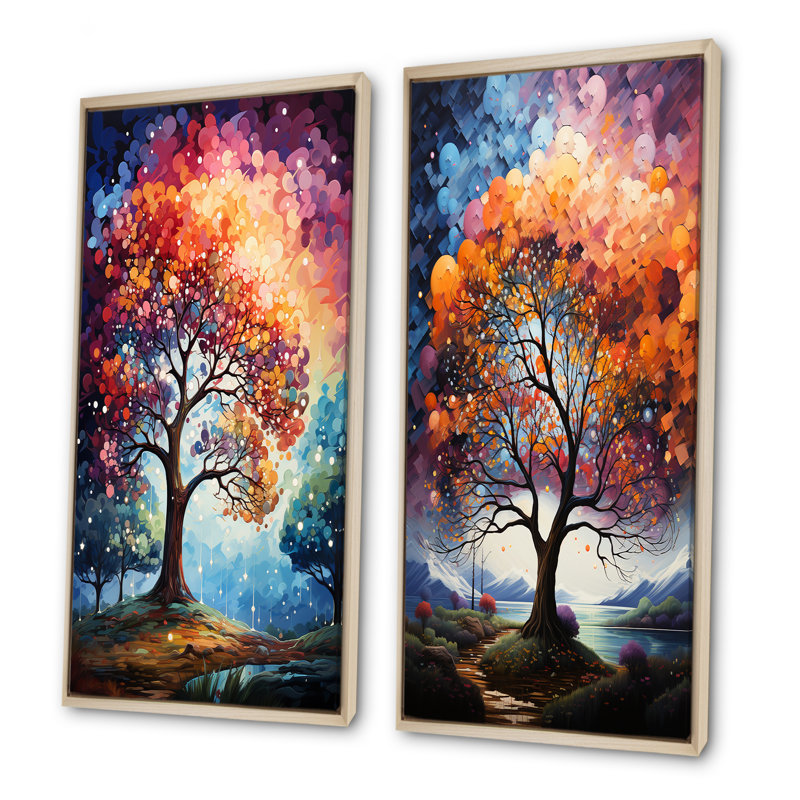 Chêne, arc-en-ciel de couleurs - ensemble d'art mural en toile de chêne, H 28 po x l 25 po, Cadre flottant brun