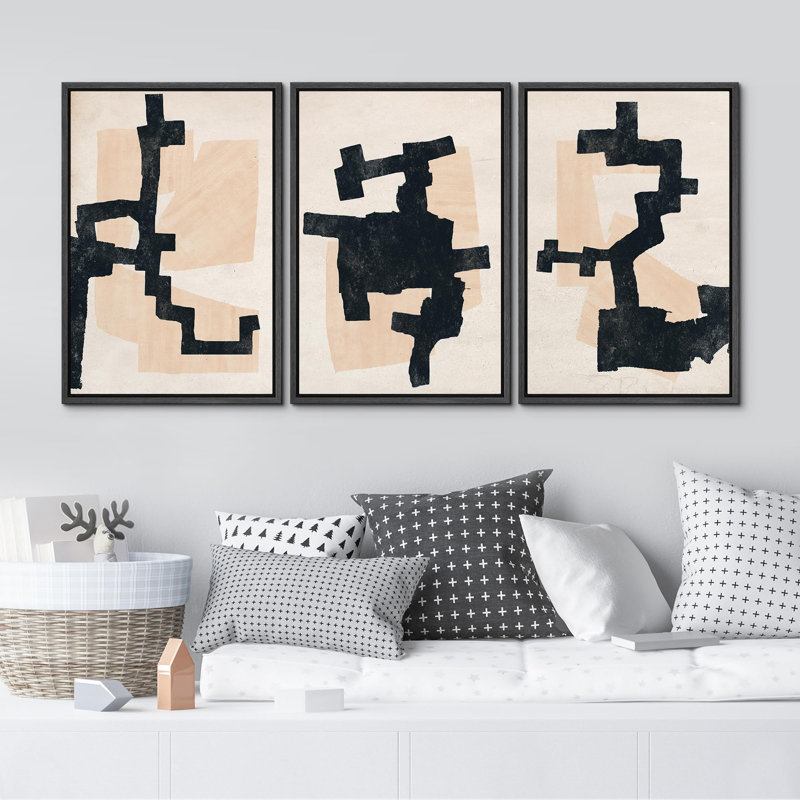 «Elegant Abstract Mixed Shapes & Lines In Neutral Tones», 3 pièces, Noir, H 24 po x l 16 po