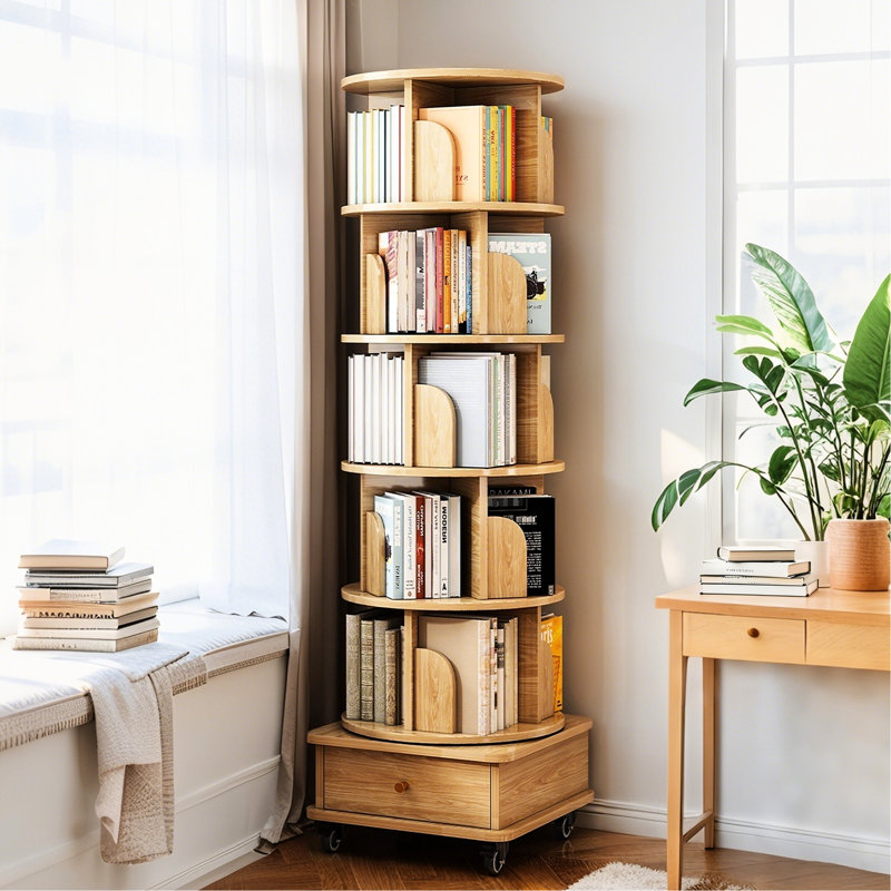 Bibliothèque à 6 niveaux avec roulettes et tiroir, couleur bois