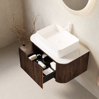 Bathroom Vanity 30" With Floating Cabinet, White Rectangular Sink, No Faucet, Walnut Color, Pre-Assembled - High-Strength Plywood, Ample Storage Basin, Drawer Slides,