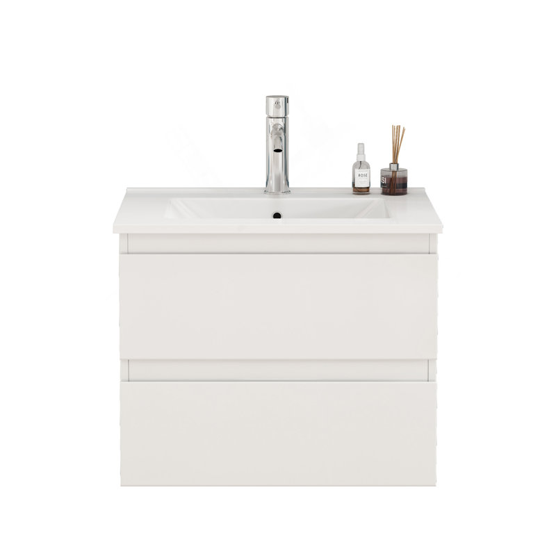 Ensemble de meuble-lavabo avec lavabo, armoire avec 2 grands tiroirs, système de fermeture en douceur, 2 grands tiroirs, conception sans poignée, assemblage facile, blanc brillant
