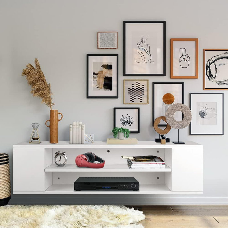 Meuble télé flottant avec rangement, console multimédia murale, conception à 2 niveaux avec gestion des câbles et dissipation de la chaleur