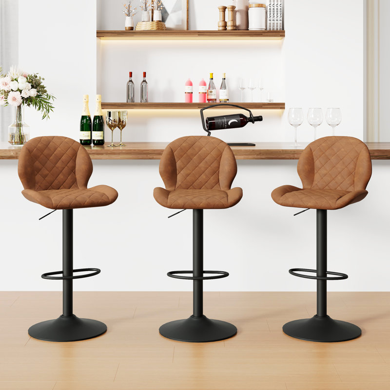 Adjustable Swivel 24"-33" Height Rhombus Faux Leather Bar Stools with Back for Kitchen Island, 3, Brown