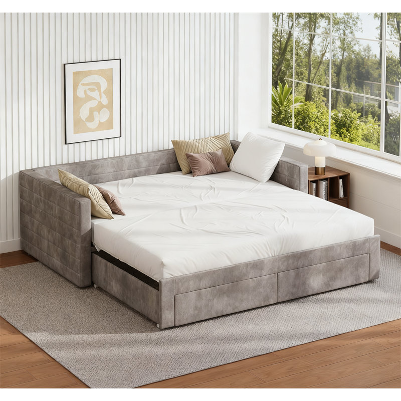 Upholstered Extendable Daybed Frame with Trundle, Gray