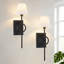 Ensemble de 2 appliques murales de salle de bain rustique moderne avec abat-jour en tissu plissé blanc, appliques murales noires pour toilette, couloir, escalier, salon, salle à manger de salle de bain