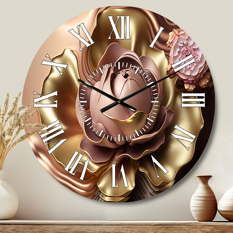 Horloge murale rétro à motif floral abstrait rose et or I, Médium