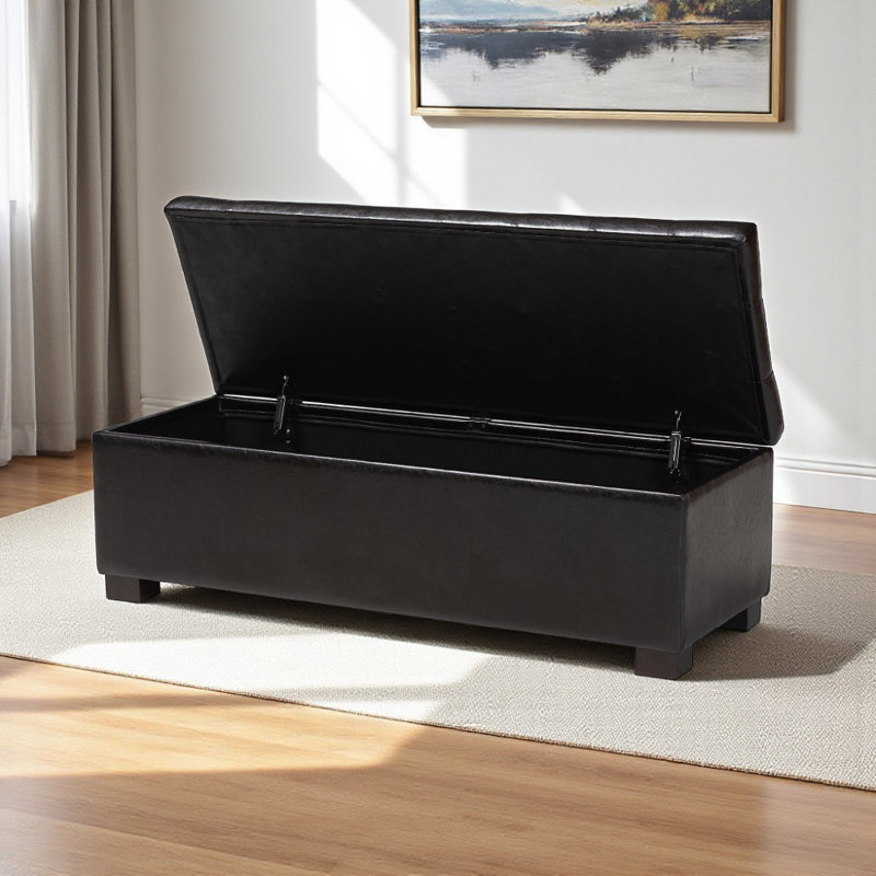 Banc de rangement rembourré en similicuir Burnstad au fini brun foncé, H 15,25 po x l 46 po x P 17 po, Brun foncé