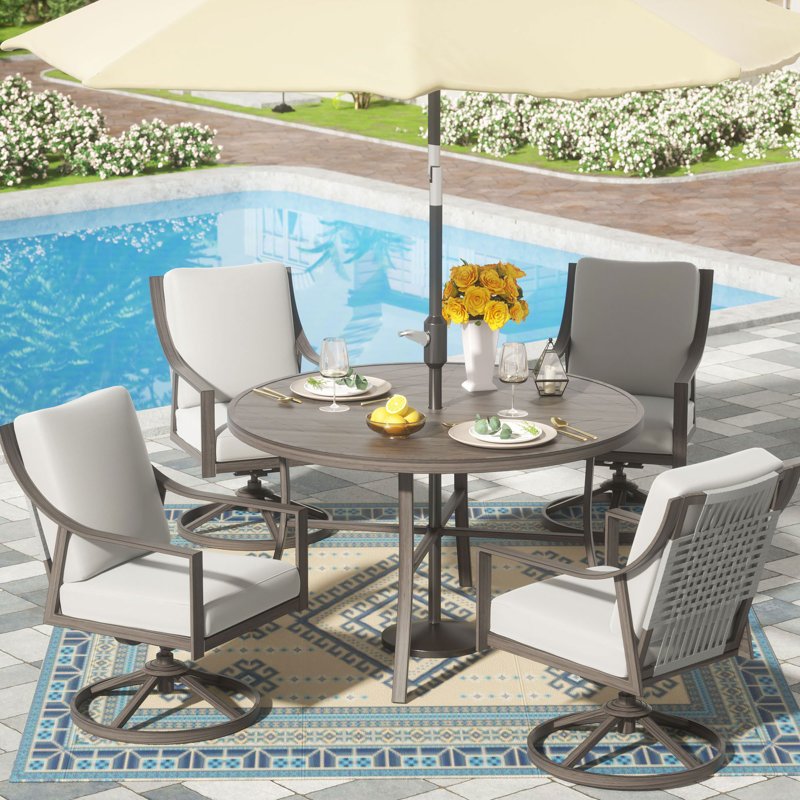 Dester Round 4 - Person Dining Set with 4 Swivel&Rocking Chair and Cushions, Gray Cushion/Gray Frame