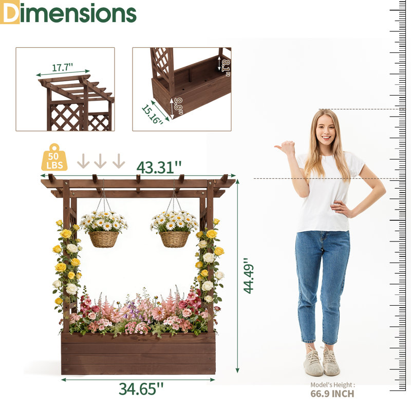 Boîte à fleurs en bois avec treillis Sabeera, Carbonisé
