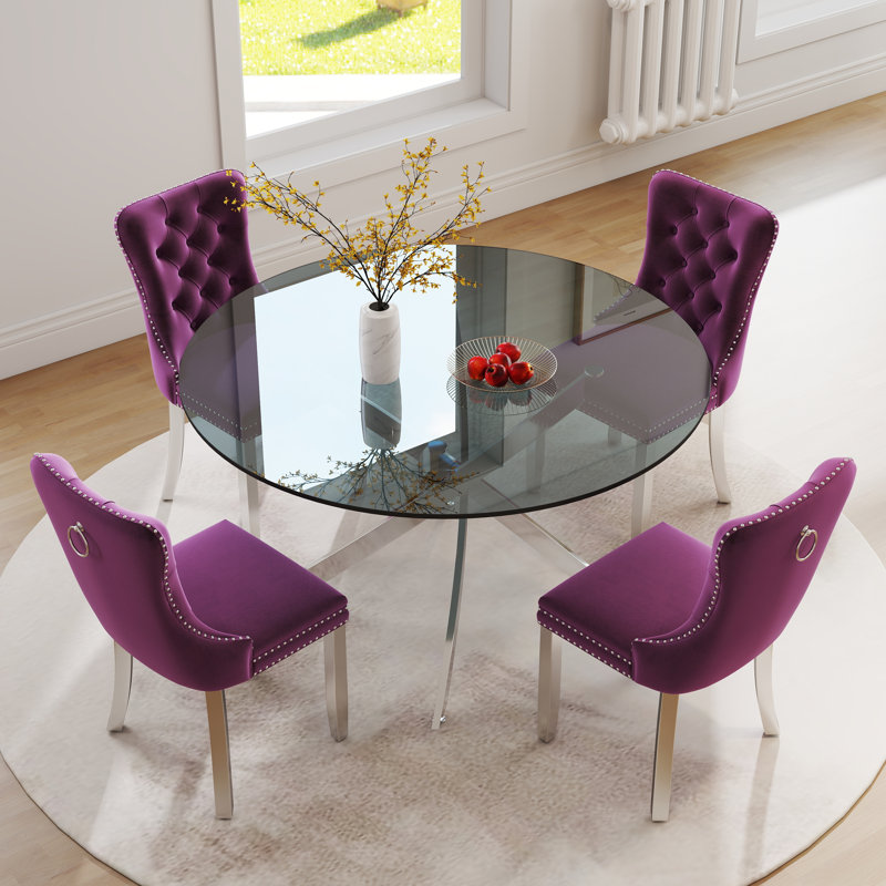 Ensemble de salle à manger à piédestal moderne avec chaise de salle à manger capitonnée en velours, Mauve / argent