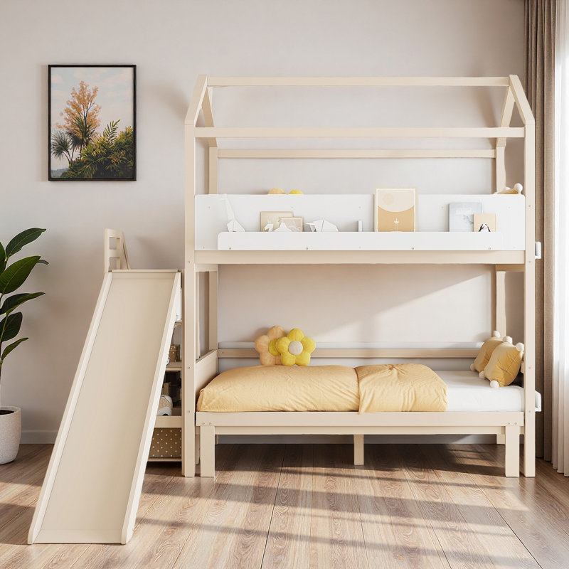 Lit superposé en forme de maison avec escalier de rangement, tablettes de présentation et glissade, Beige / Blanc