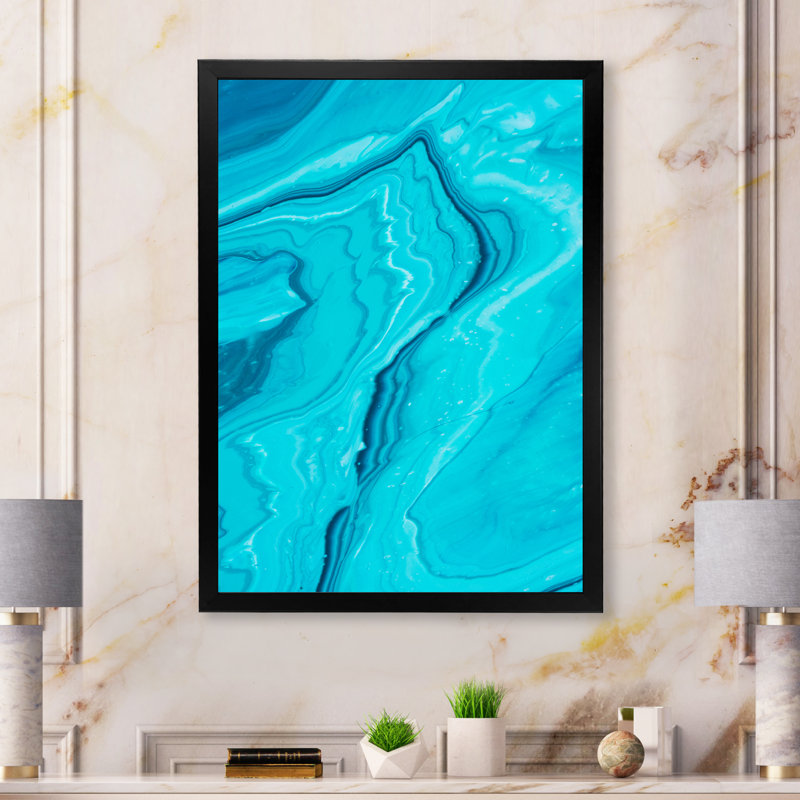 «Luxury Turquoise Marble River VII», reproduction d'art moderne sur toile, H 16 po x l 32 po x P 1 po, Toile avec cadre noir