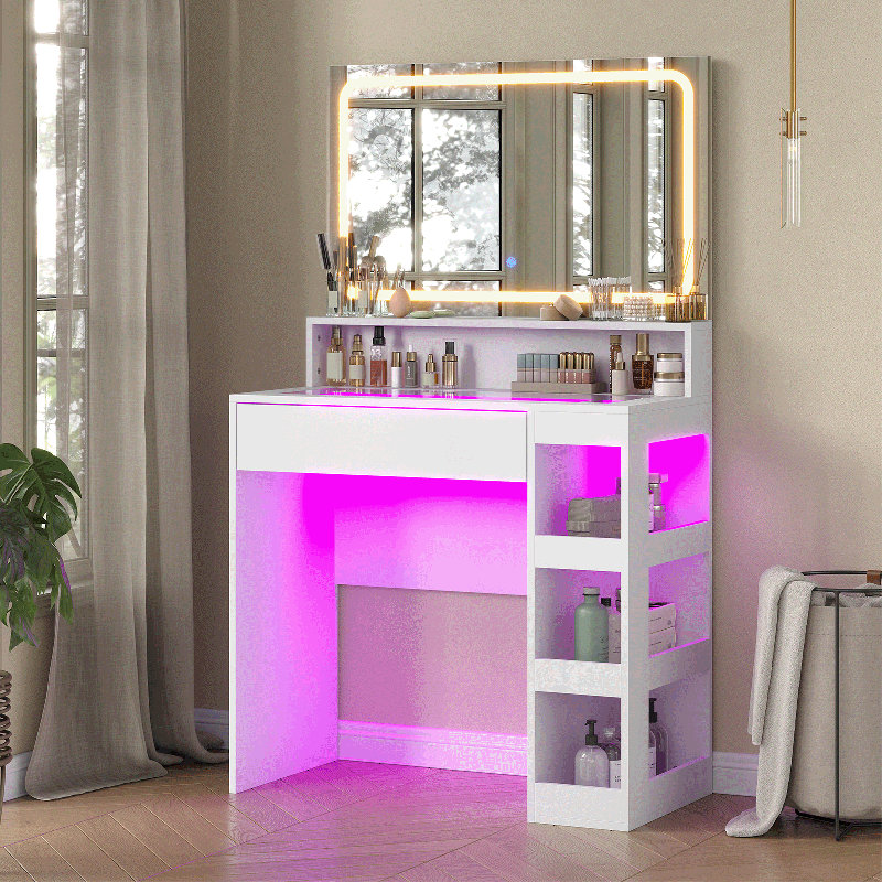 Vanity Desk with Illuminated Mirror & Power Outlet, Bedroom Dresser LED Mirror Stepless Dimmable & 3 Color Modes Adjustable, LED Tempered Glass Top, Large-Capacity Storage Shelving, White