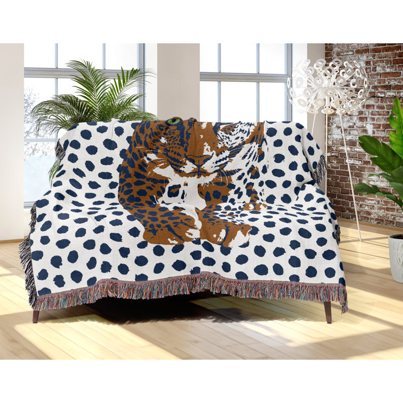 Jeté en mélange de coton Inky Leopard, Bleu / orange brûlé / blanc cassé, L 70 po x l 50 po