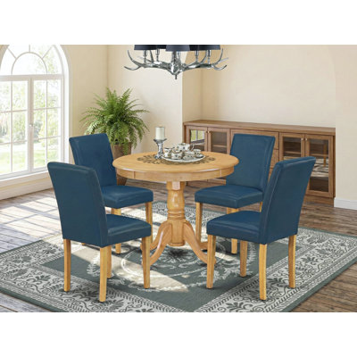 Ensemble de table de salle à manger 5 pièces comprenant une table de cuisine ronde avec piédestal et 4 chaises Parson revêtues de similicuir bleu Oasis