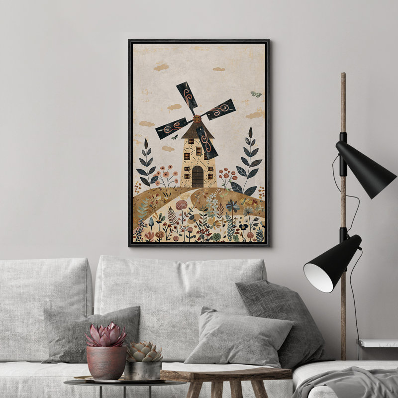 Moulin à vent et fleurs sauvages, paysage abstrait, illustrations, campagne française, Noir, H 24 po x l 16 po