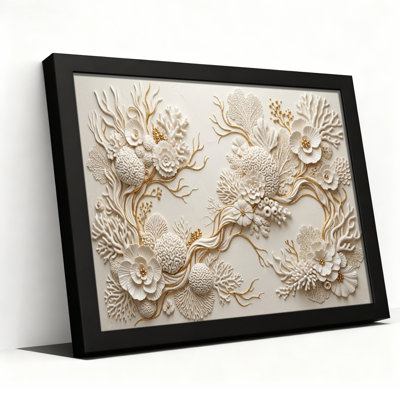 Toile noire encadrée en bois noir pour le salon, la chambre à coucher, le bureau ou le vestibule - décoration murale décorative avec relief floral