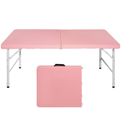 Table de camping pliante rose Convient pour l'intérieur et l'extérieur. Poids maximal de 135 kg. Pliable avec un transport sans effort à prise fixe. Plateau de table lisse et imperméable. Conception triangulaire stable.