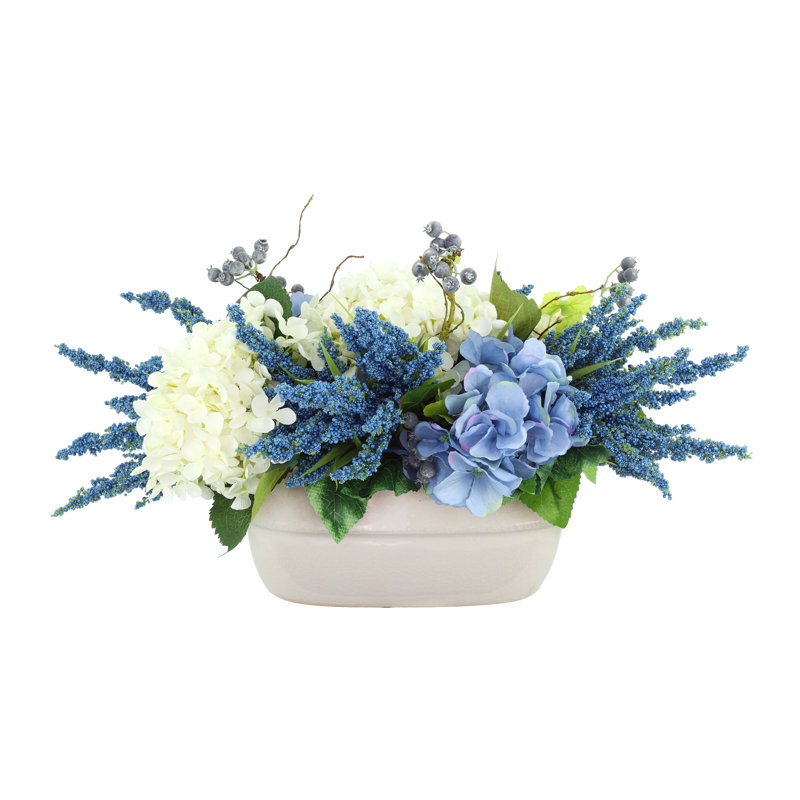 Arrangement de hortensias et bruyère Allan, Blanc / Bleu