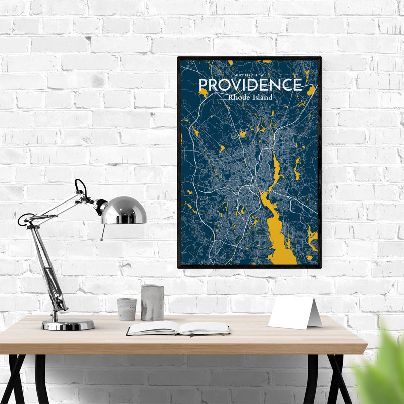 Providence, carte de la ville, impression, H 36 po x l 24 po, Bleu / jaune