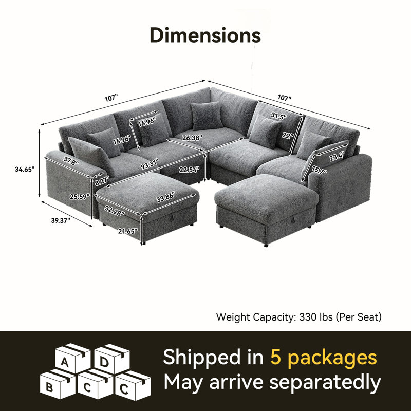 Canapé modulaire 107 po 5 places, Grey Chenille
