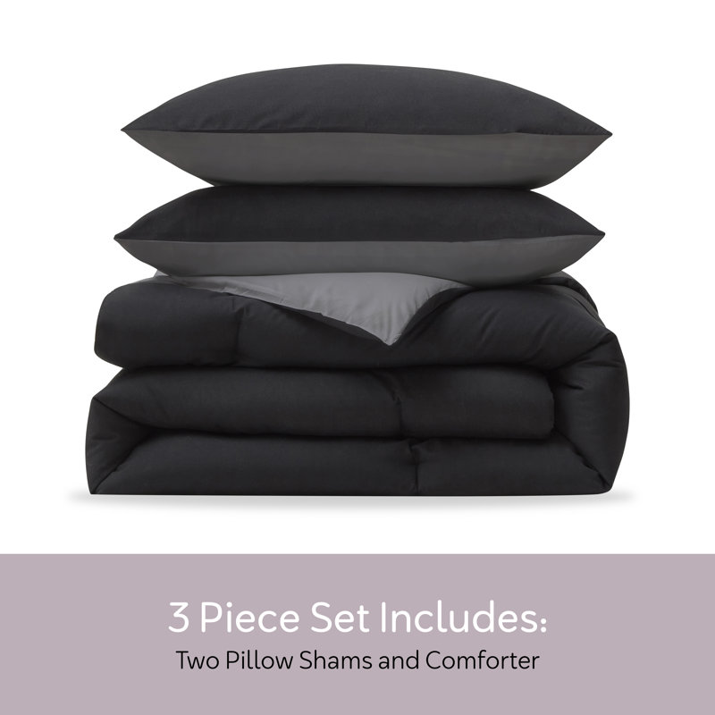 Ultra Soft Modern Reversible 3 Piece Comforter Set, Queen Comforter + 2 Standard Shams, Black/Charcoal Gray