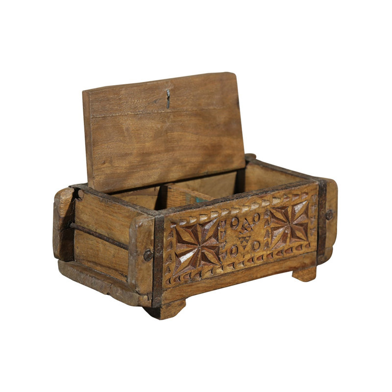 Rustic 12" Hand Carved Solid Wood Double Compartment Jewelry Keepsake Box