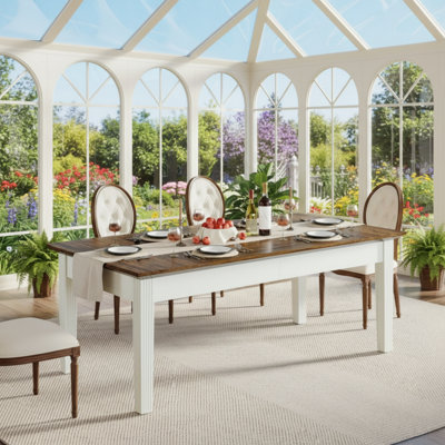 Modern Farmhouse Style Square Dining Table For 4-6 People With Solid Wood Legs, Brown And Cream White Color Scheme, Suitable For Dining, Cooking, And Dining Guests.