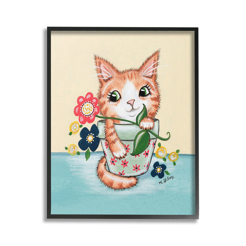 Chaton dans un pot de fleur, estampe numérique encadrée par Michelle Gilsey, Giclée encadrée noir minuit, H 20 po x l 16 po
