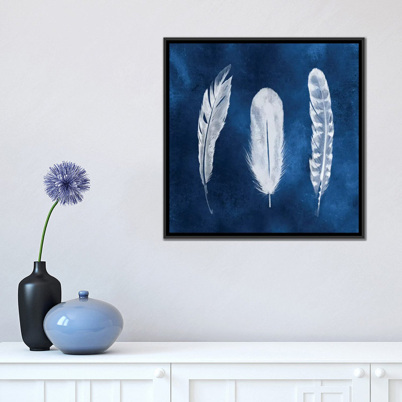 « cyanotype plumes i », impression sur toile, H 18 po x l 18 po x P 1,5 po, Toile avec cadre noir, Pas de tapis