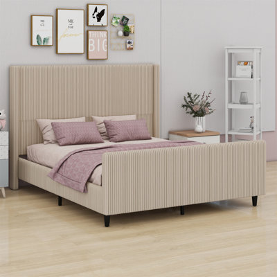 Upholstered Bed Frame With Vertical Stripe Wingback
