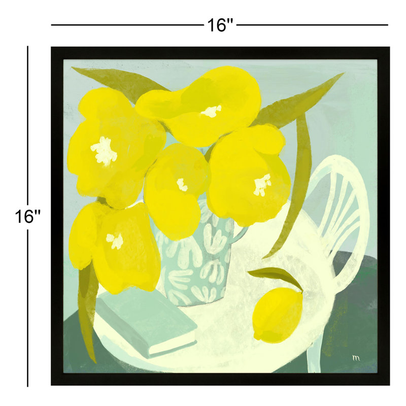 Yellow Flowers And Lemon Painting by StudioM, 16" H x 16" W x 1.25" D, Black Framed