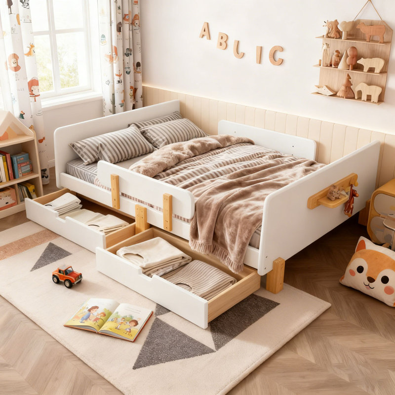 Platform Bed with Storage Drawers, Solid Wood Beds Frame with Bed Guardrail, Small Shelf, and Hooks, White, Full