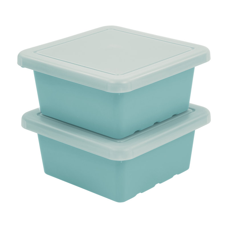 ECR4Kids Stackable Square Bins with Non-Snap Lids, Multipurpose Organization, 2-Pack, Seafoam