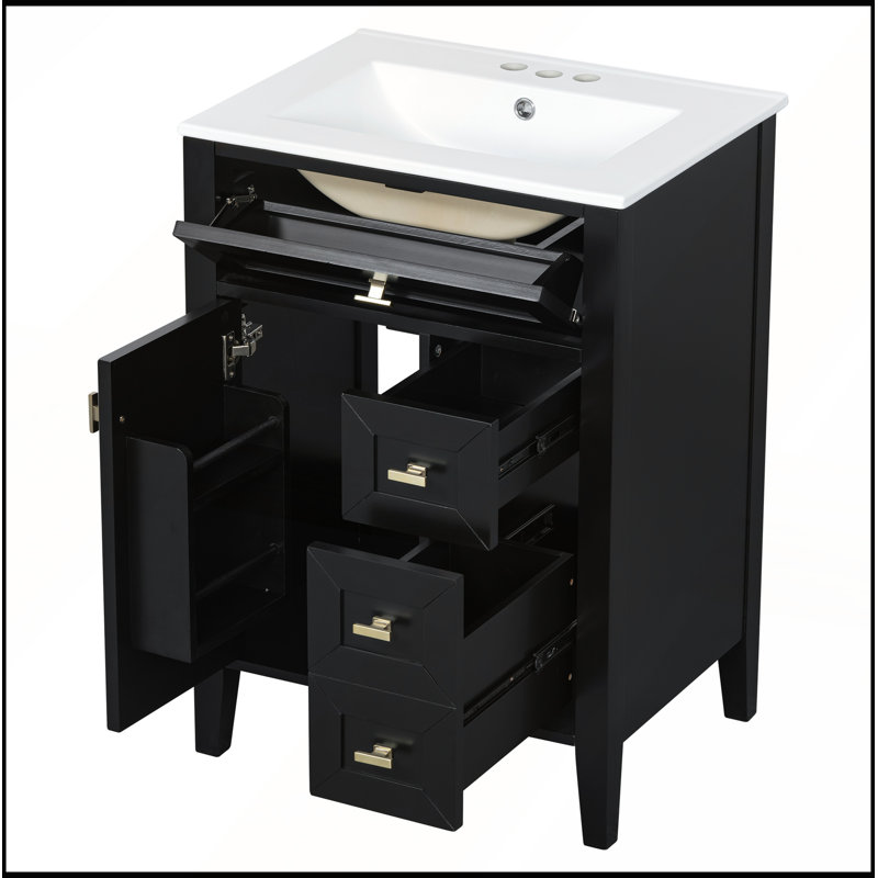 Meuble-lavabo noir 24 po avec lavabo, panneau de fibres à densité moyenne et bois d'hévéa, 3 tiroirs et armoire, fermeture en douceur, conception moderne pour les petites et moyennes salles de bain