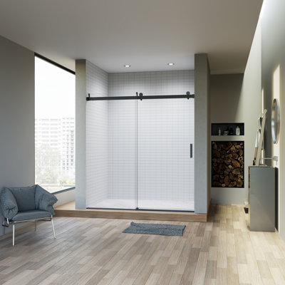 68 po x l 76 po x H 76 po Portes de douche coulissantes simples sans cadre avec tampon, installation réversible, porte en verre trempé épais de 3/8 po (10 mm), porte de douche coulissante pour salle de bain, finition noir mat