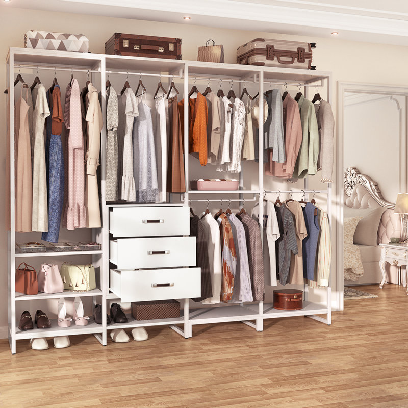  74'' Closet System with Wooden Drawers and Hanging Rods, White