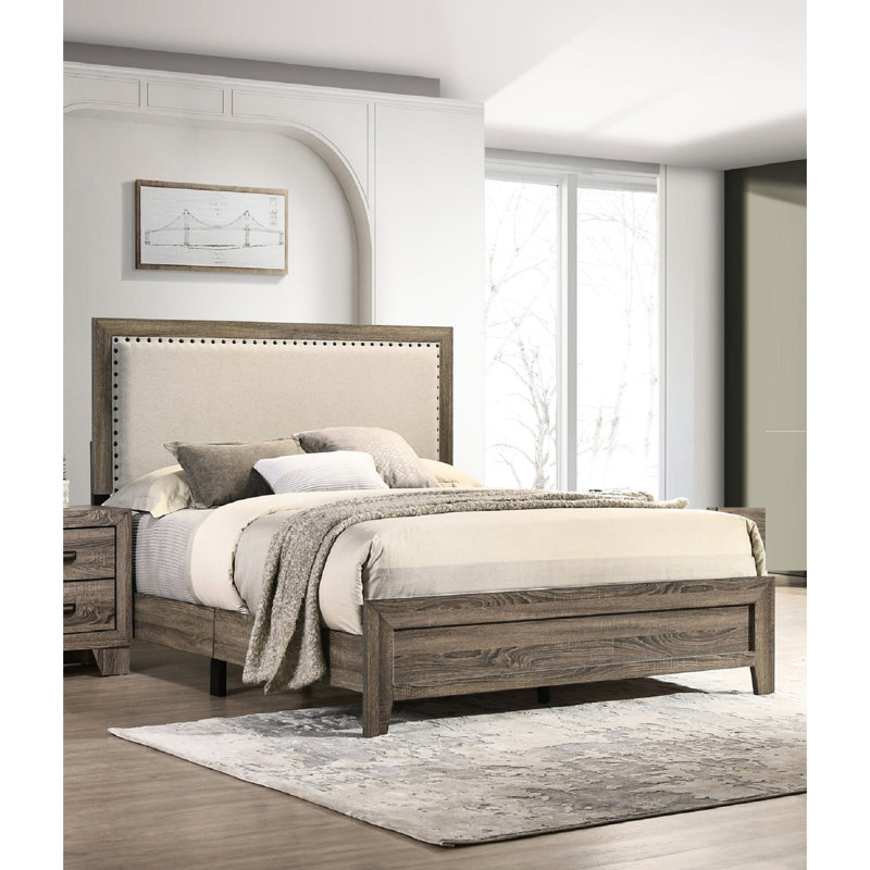 Lit double avec tête de lit tapissier grise et structure en bois attrayante en tissu durable, Lit double