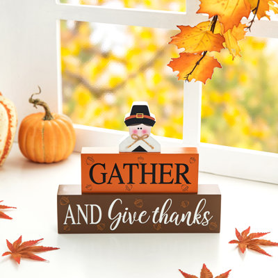 9.5"W Thanksgiving Wooden Pilgrim Table Block Sign
