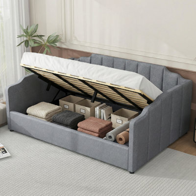 Linen Upholstered Daybed With Spacious Underbed Storage, Full Size - Durable Solid Wood Frame