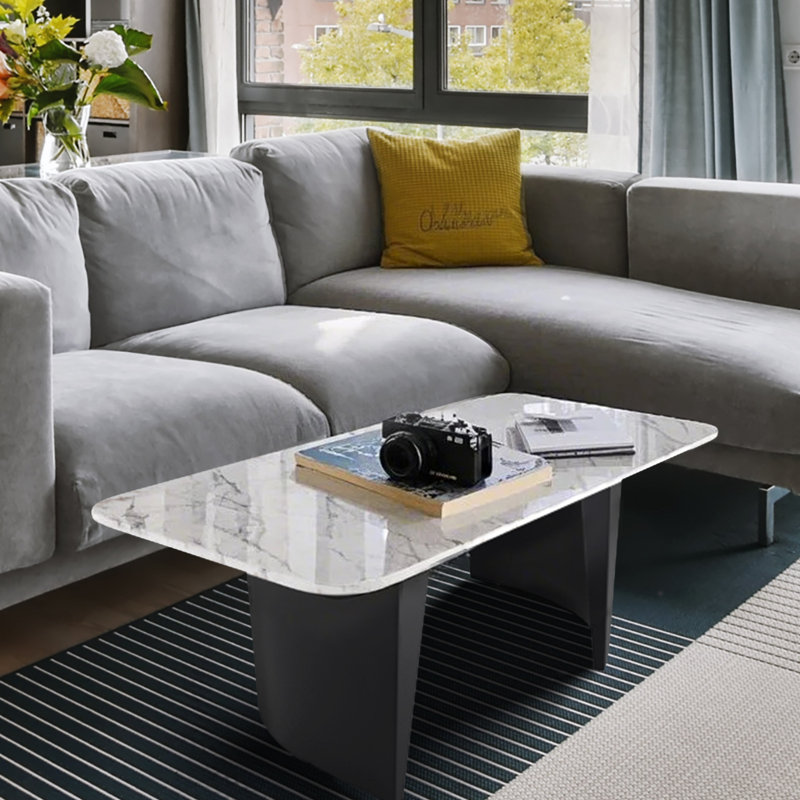 Table basse moderne moderne 47 po, plateau en faux marbre blanc, cadre en métal, Noir