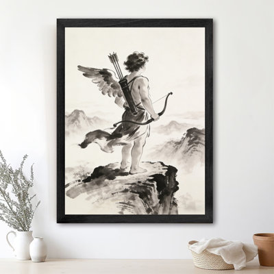 Black Framed Ink painting Cupid holding a bow and arrow Wall Art Valentine's Day theme Framed Prints