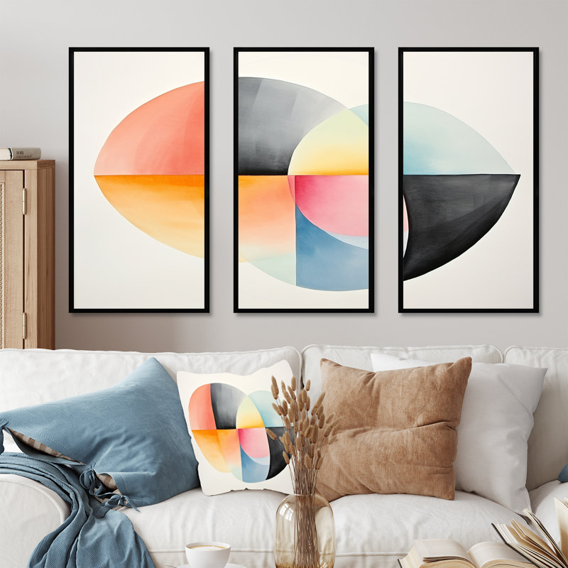 Motif géométrique de couleurs douces II - art mural géométrique, H 28 po x l 36 po x P 1 po, Cadre flottant noir