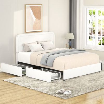 Transitional Queen Bed With 4 Drawer Capacity & Boucle Upholstery Upholstered Strong Metal Construction Storage
