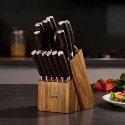 Kitchen Knife Set with Block and Sharpener, 15 Piece High Carbon Stainless Steel Knife Set, Rust-Resistant Kitchen Cutlery with Ergonomic Handle, Sharpening Rod & Premium Wooden Block, for Home