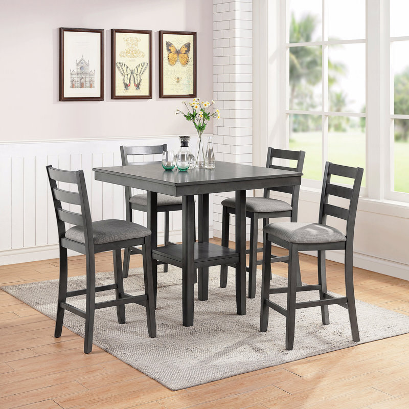 5-Piece Set Square Dining Table With Shelves Cushion Seat Ladder Back High Dining Chairs Solid Wood